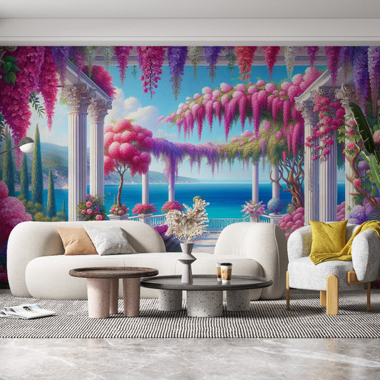 3D Tapete | Königlicher Balkon und blühender Pfau