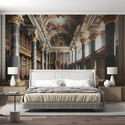 3D Tapete | Majestätische Bibliothek mit Säule und Deckendekor
