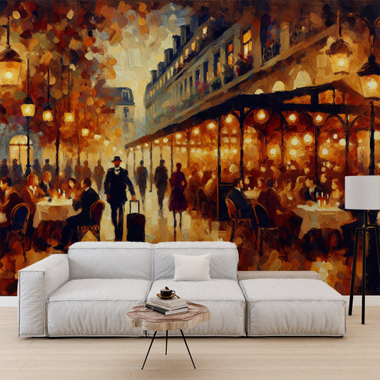 3D Tapete | Pariser Bistro am Abend mit orangefarbenen Lichtern