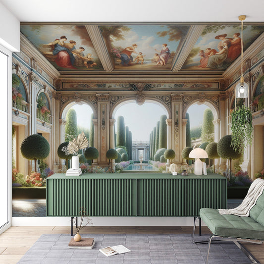 3D Tapete | Eingang zu einem königlichen Palast und seinem blühenden Garten