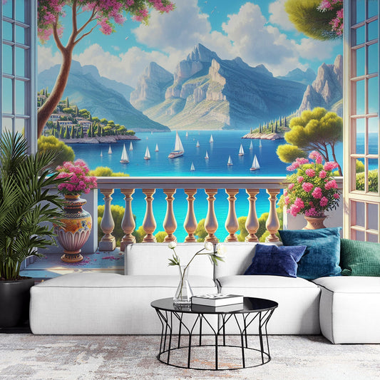 3D Tapete | Tapete mit Balkonfenster mit Blick auf Berge und Meer