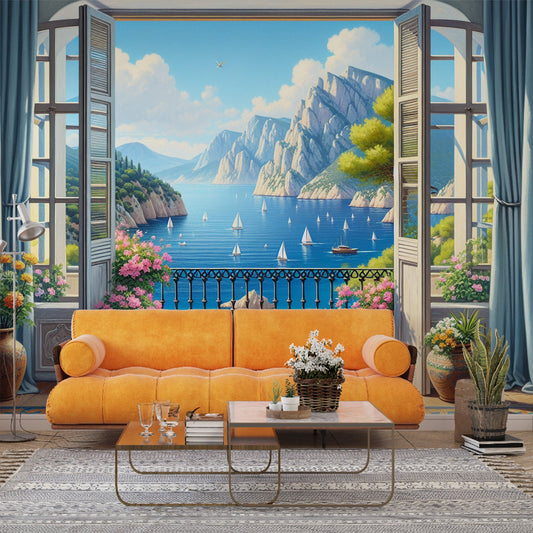 3D Tapete | Fenster mit blauen Vorhängen gegenüber dem Meer mit Segelbooten