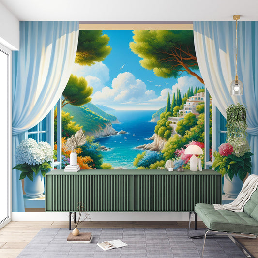3D Tapete | Offenes Fenster und weiße Vorhänge mit mediterraner Landschaft