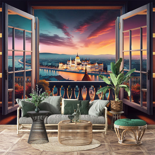 3D Tapete | Tapete mit Fensterblick auf Florenz bei Sonnenuntergang