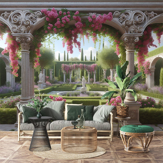 3D Tapete | Blumiger Garten und sorgfältig geschnittene grüne Sträucher