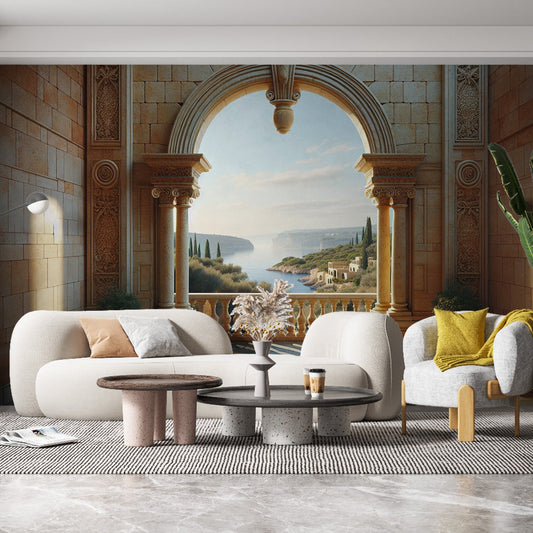 3D Tapete | Antiker Ort und Balkon mit Bergblick
