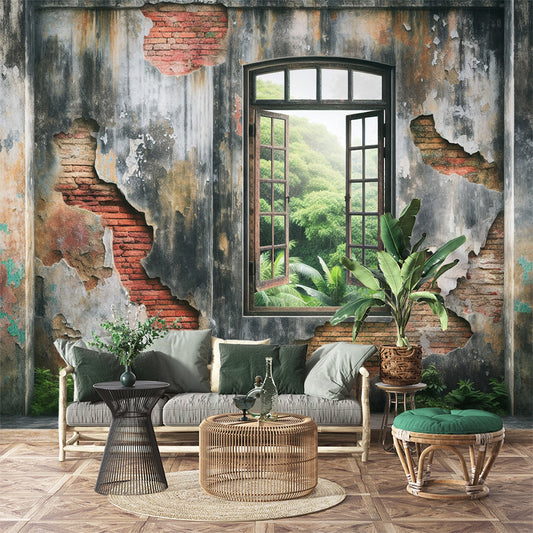 3D Tapete | Verfallene Wände und Fenster mit Blick auf einen tropischen Wald