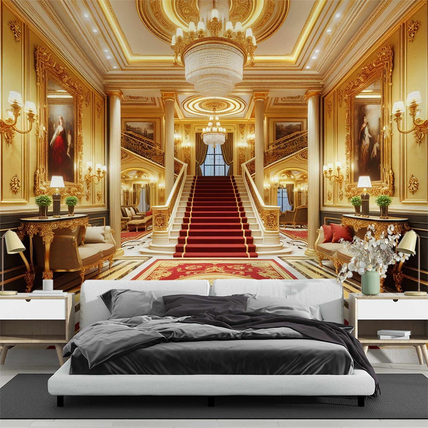 3D Tapete | Königlicher Palast in Gold und rotem Teppich