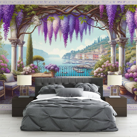 3D Tapete | Mediterrane Landschaft mit Balkon und buntem Dorf