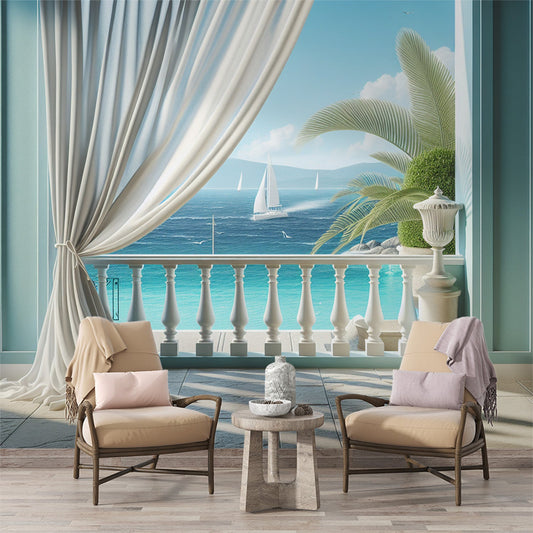 3D Tapete | Weiße Vorhänge und Balkon mit Blick auf das Meer und ein Segelboot