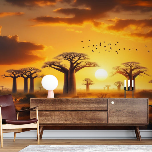 Tapete Afrika | Baobab und Sonnenuntergang