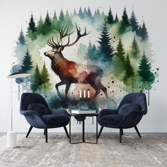 Tapete Aquarell | Grüner Wald und majestätischer Hirsch