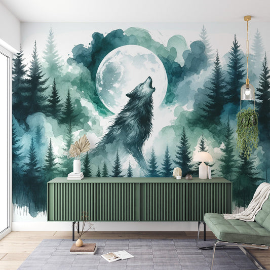 Tapete Aquarell | Wolf im verzauberten Wald