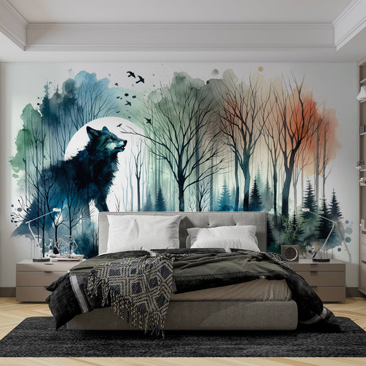 Tapete Aquarell | Wolf und nächtlicher Wald
