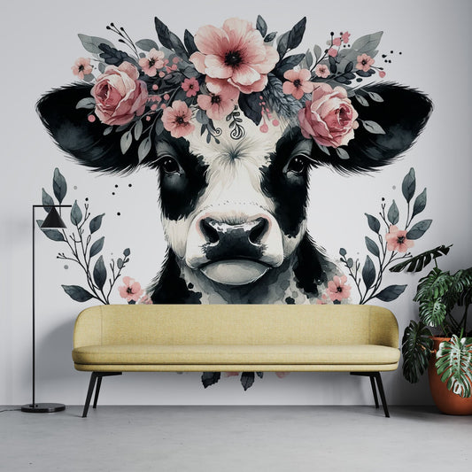 Tapete Aquarell | Kuh mit rosa Blumenkrone