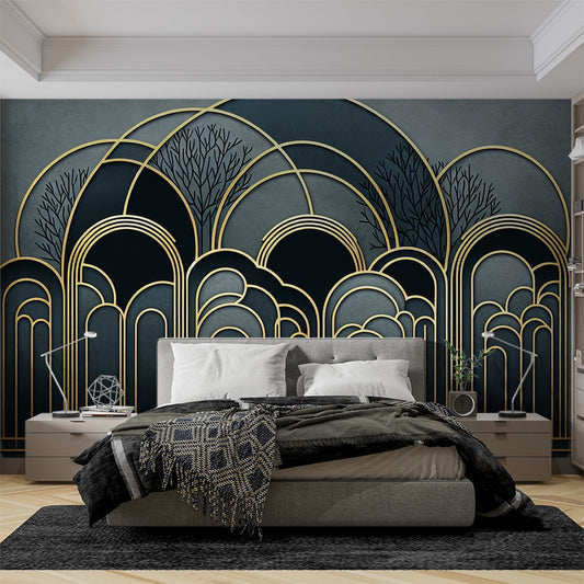 Art Deco Tapete | Goldbogen und Baumumriss auf blauem Hintergrund