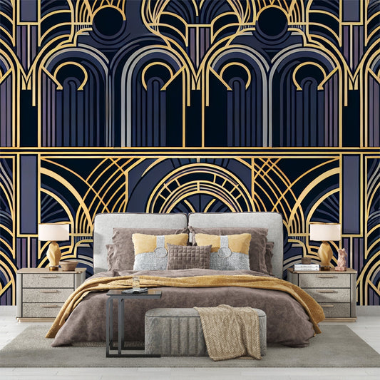 Art Deco Tapete | Goldene Bögen auf dunkelblauem und violettem Hintergrund