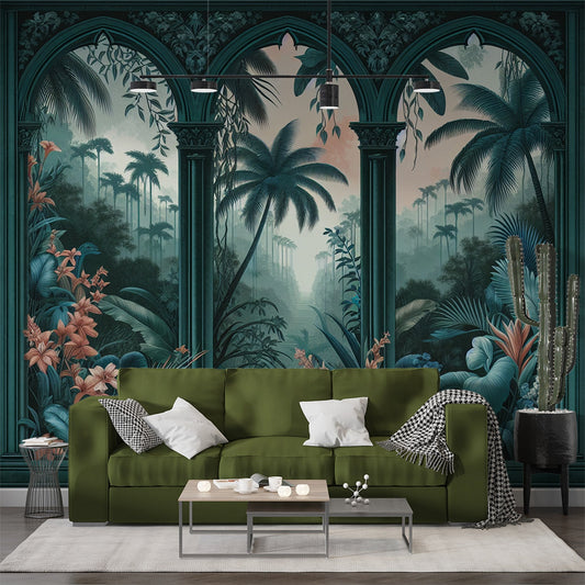 Art Deco Tapete | Tropischer Bogen mit Palmen und Blättern