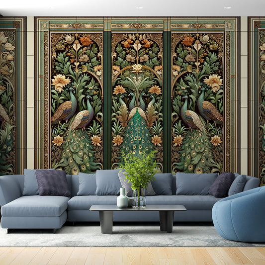 Art Deco Tapete | Zementfliesen mit Pfau und Vintage-Blättern