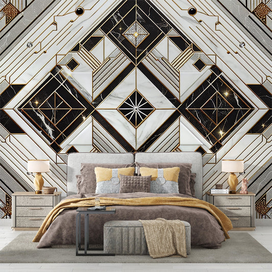 Art Deco Tapete | Schwarz-Weiß Marmorfliesen mit Goldfaden