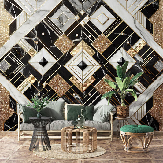 Art Deco Tapete | Schwarz-Weiß-Marmorfliesen mit Vergoldungen