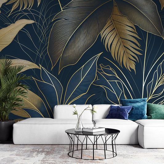 Art Deco Tapete | Goldene botanische Komposition auf dunkelblauem Hintergrund