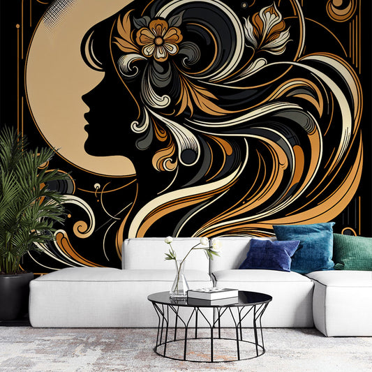 Art Deco Tapete | Frau mit goldenem Haar und Vollmond