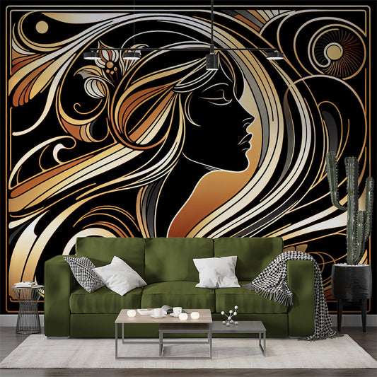 Art Deco Tapete | Frau mit goldenen Haaren auf schwarzem Hintergrund