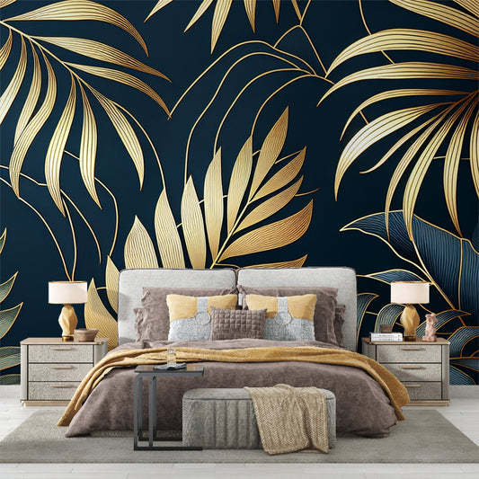 Art Deco Tapete | Goldene Blätter auf dunkelblauem Hintergrund Design