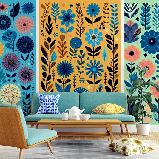 Art Deco Tapete | Blumen und Retro-Dekor mit lebendigen Farben