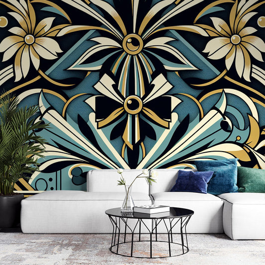 Art Deco Tapete | Goldene und blaue Blumen- und abstrakte Formen
