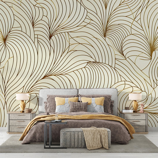 Art Deco Tapete | Goldene abstrakte Form auf creme Tapete