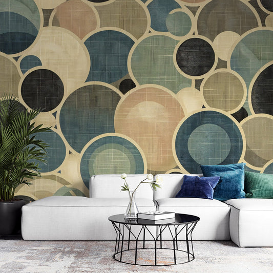 Art Deco Tapete | Vintage Kreisform in Pastellfarben auf weißem Hintergrund