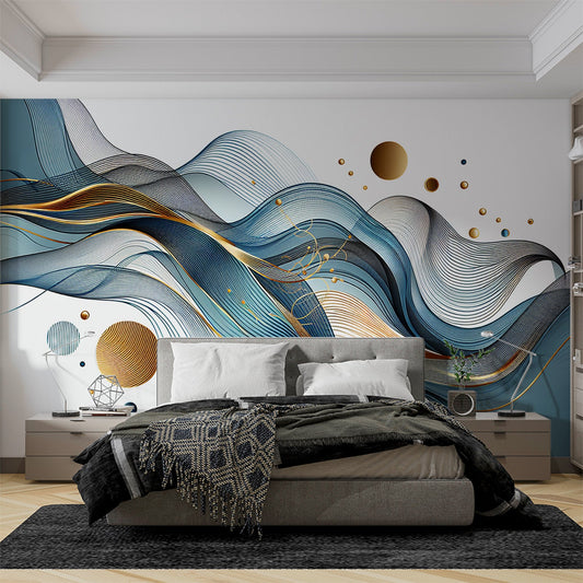 Art Deco Tapete | Abstrakte blaue Wellenform mit goldenen Akzenten