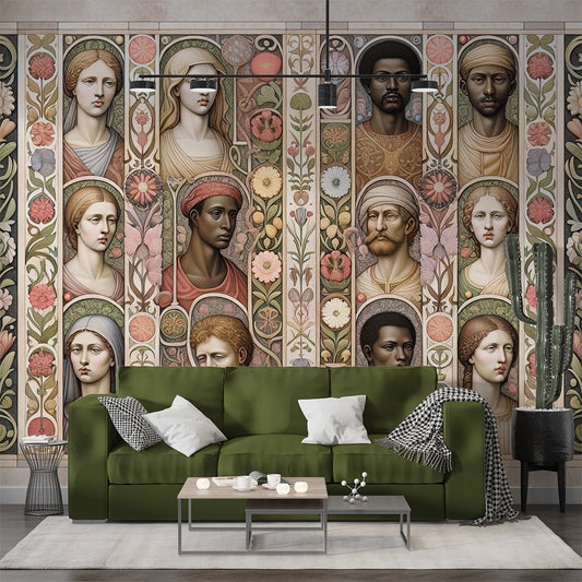 Art Deco Tapete | Altes und Vintage Wandgemälde mit Gesichtern