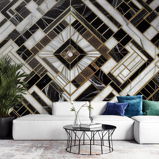Art Deco Tapete | Schwarz-Weiß-Marmor mit Vergoldungen und Maserungen