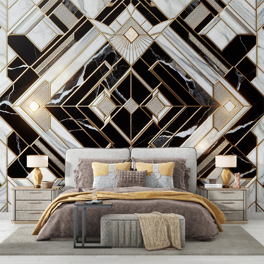 Art Deco Tapete | Weißes und schwarzes Marmorieren mit luxuriösem goldenem Akzent