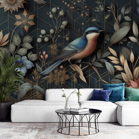 Art Deco Tapete | Vogel, Blumen und Vintage Laub mit Vergoldung