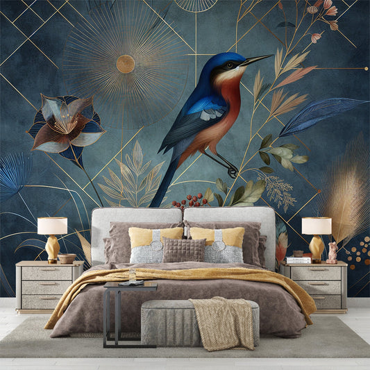 Art Deco Tapete | Vogel und Vergoldungen auf gealtertem blauem Vintage-Hintergrund
