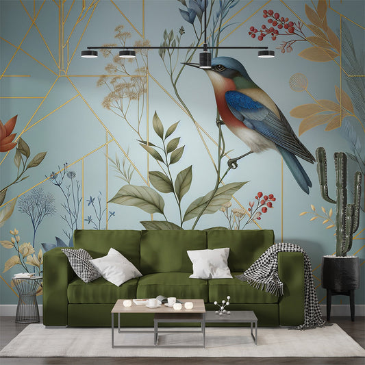 Art Deco Tapete | Bunter Vogel und Blumen auf blauem Vintage-Hintergrund