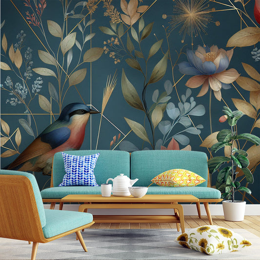 Art Deco Tapete | Vogel und Blumen auf blauem Hintergrund mit Goldverzierungen