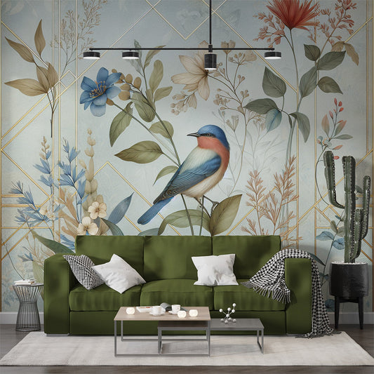 Art Deco Tapete | Vintage Vogel und Blumen auf blauem und goldenem Hintergrund