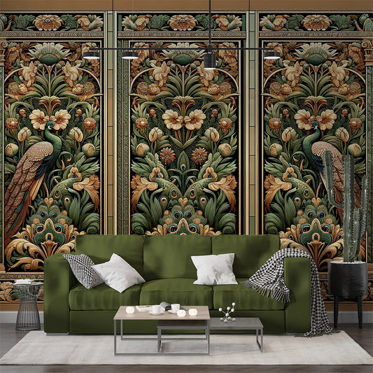 Art Deco Tapete | Pfau und verschiedene goldene und grüne Blätter