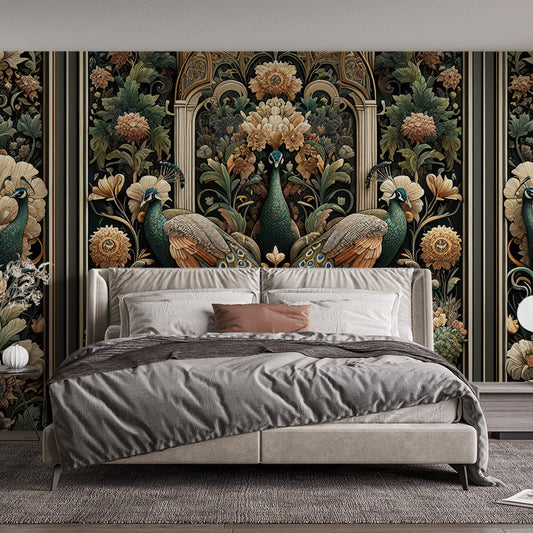 Art Deco Tapete | Vintage Pfauen und abstrakt in einem Bogen