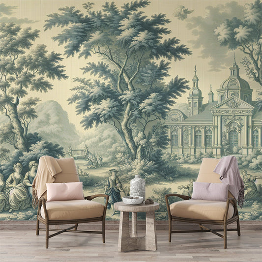 Art Deco Tapete | Toile de Jouy Stil mit königlichem Gebäude