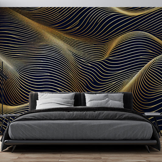 Art Deco Tapete | Abstrakte goldene Welle auf dunkelblauem Hintergrund