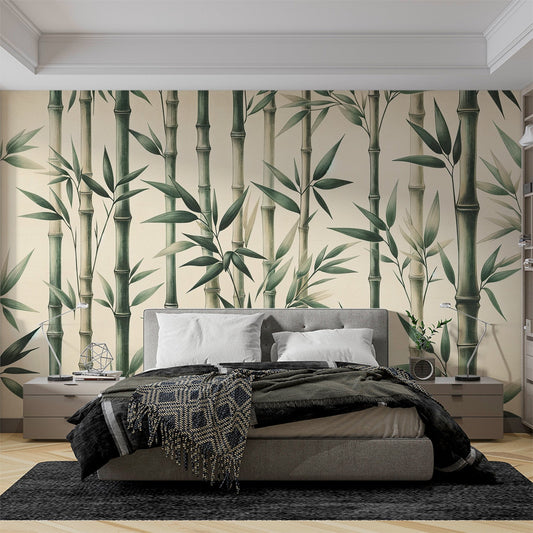 Bambus Tapete | Vintage Illustration grüner und neutraler Bambusstängel