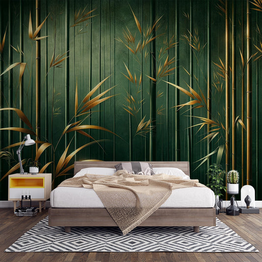 Bambus Tapete | Grüne Stängel und goldene Blätter