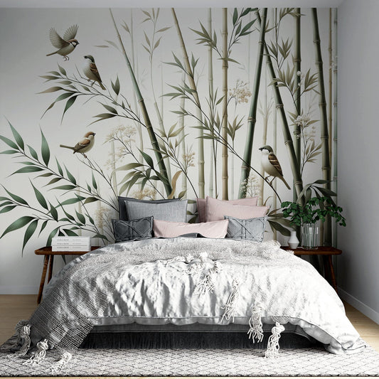 Bambus Tapete | Neutrale Farben mit Vögeln auf weißem Hintergrund