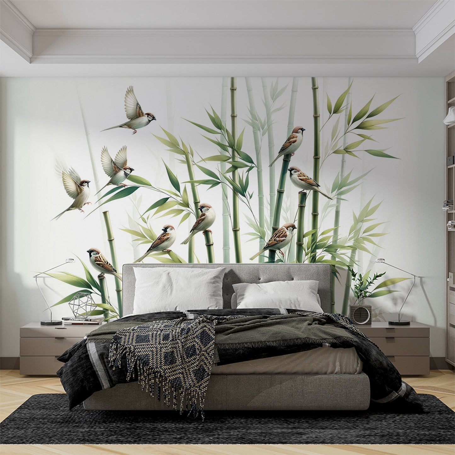 Bambus Tapete | Realistische Vögel und Bambusblätter Tapete